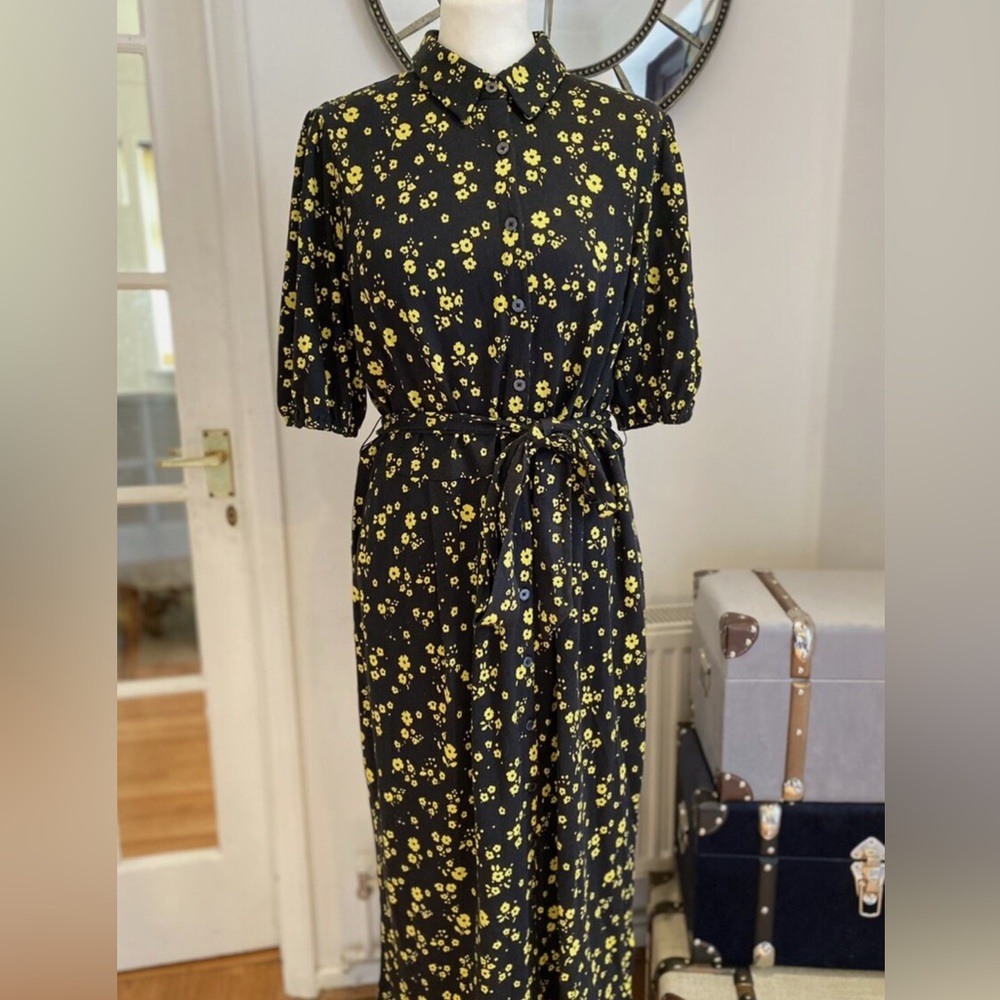 Boden Puff Sleeve Jersey Shirt Dress - Floral Sprig Black